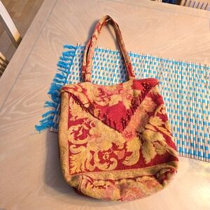 Vintage Boho Red and Gold Beaded Carpet Shoulder Bag
